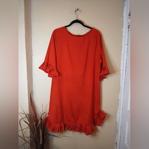 Elegant Red Ruffle Dress Midi Length With Back Zipper Closure Size XXL